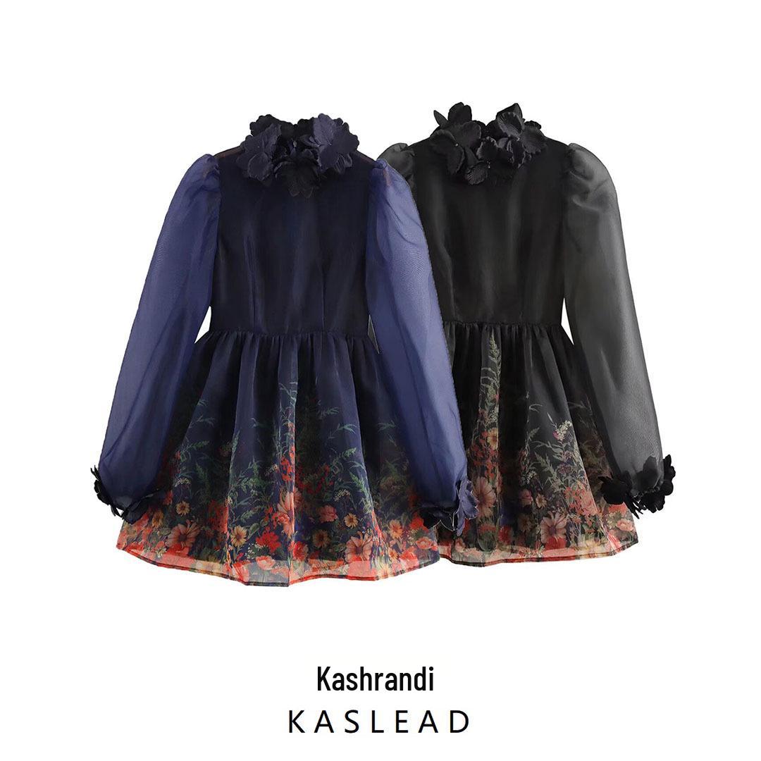 

2024 Autumn Women s European Style Organza Dress with 3D Floral Print Small чёрный
