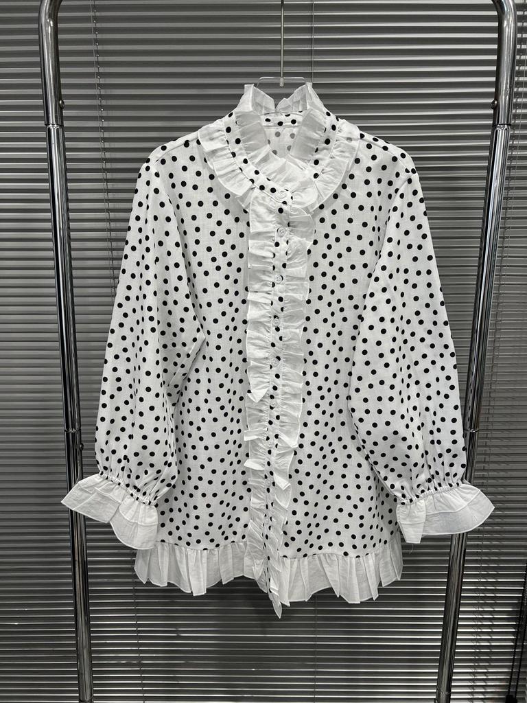 Spring 2026 Women's Black & White Polka Dot Lace Button-Down Shirt - Slim Fit, Versatile, Sweet Patchwork Design