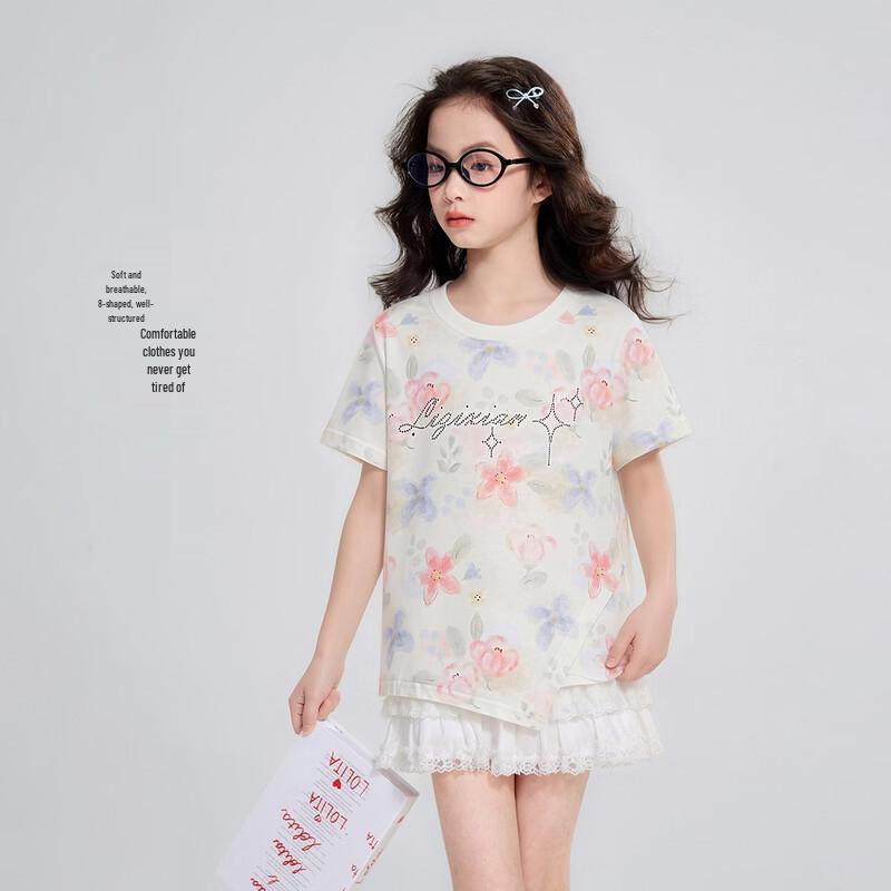 Girl's Floral Print Short Sleeve T-Shirt