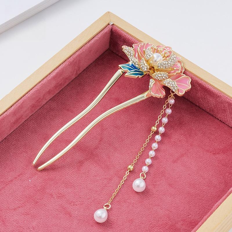 Peony Hairpin Tassel Hair Stick U Shape Hair Clip Chinese Style Ornament for Women Daily Hair Decoration Hairbows for Girls