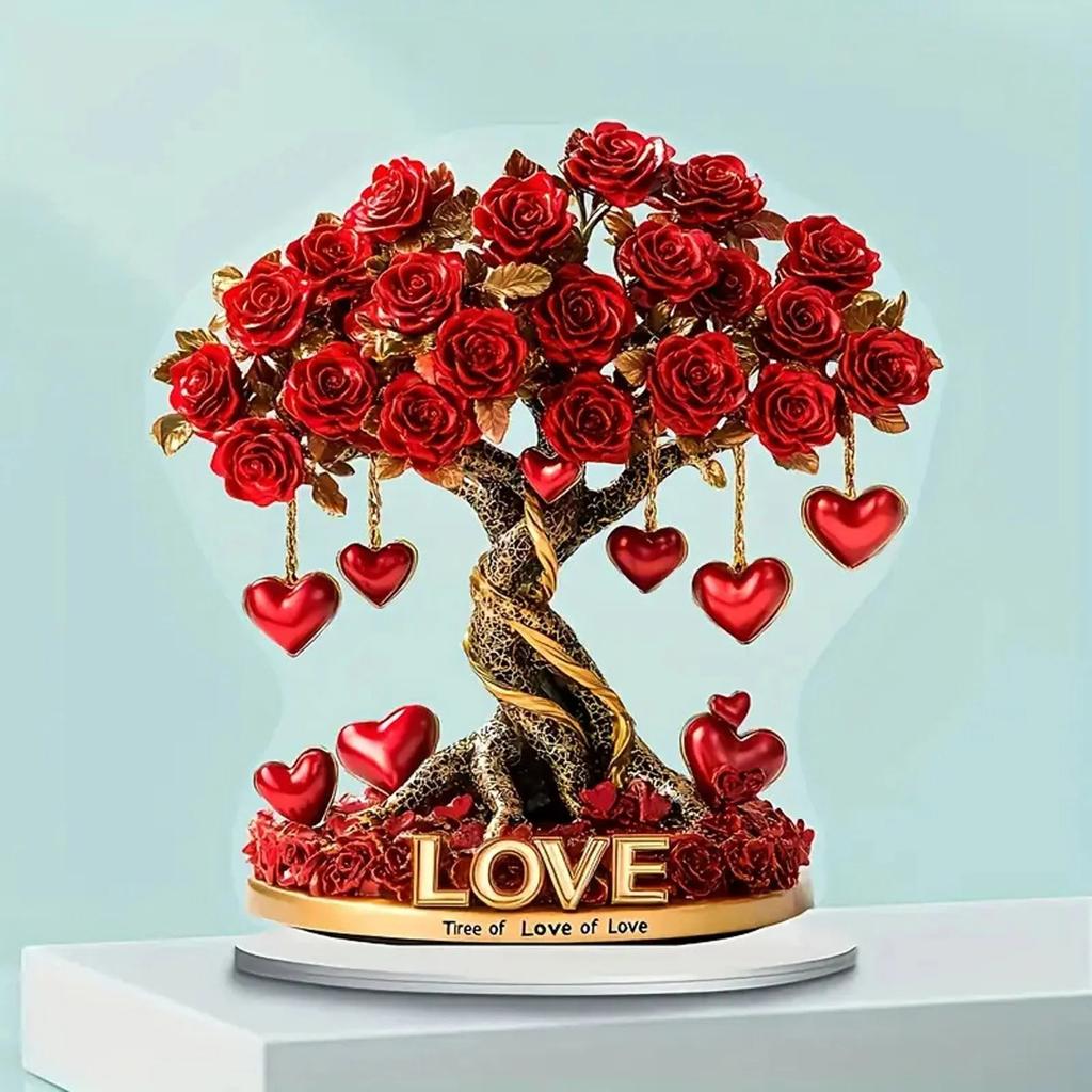 Valentine's Day Rose Tree With Heart Table Decoration,2D Flat Acrylic Ornament For Desktop Mantel Kitchen Decor Holiday Winter Party Gifts
