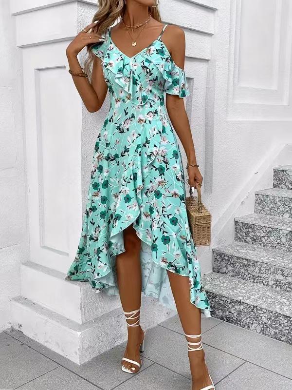 2025 Chic Floral Spaghetti Strap Off-Shoulder Ruffle Dress for Events