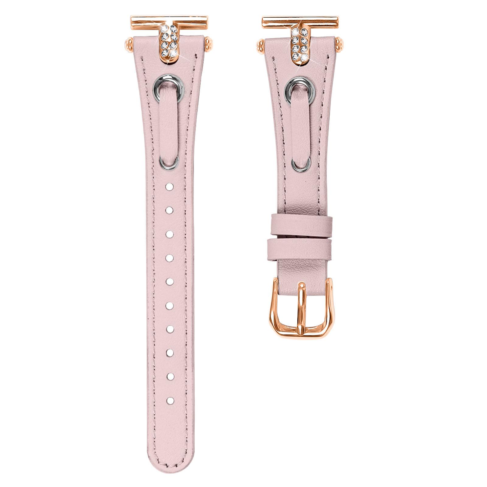 

For Motorola Moto 360 42mm (2nd gen) Genuine Cow Leather Watchband Rhinestone Decor Rose Gold Buckle Watch Strap Pink