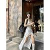 French White Irregular Lace Suspender Dress Women's Vacation Waist Thin Split Long Dress Vacation Style