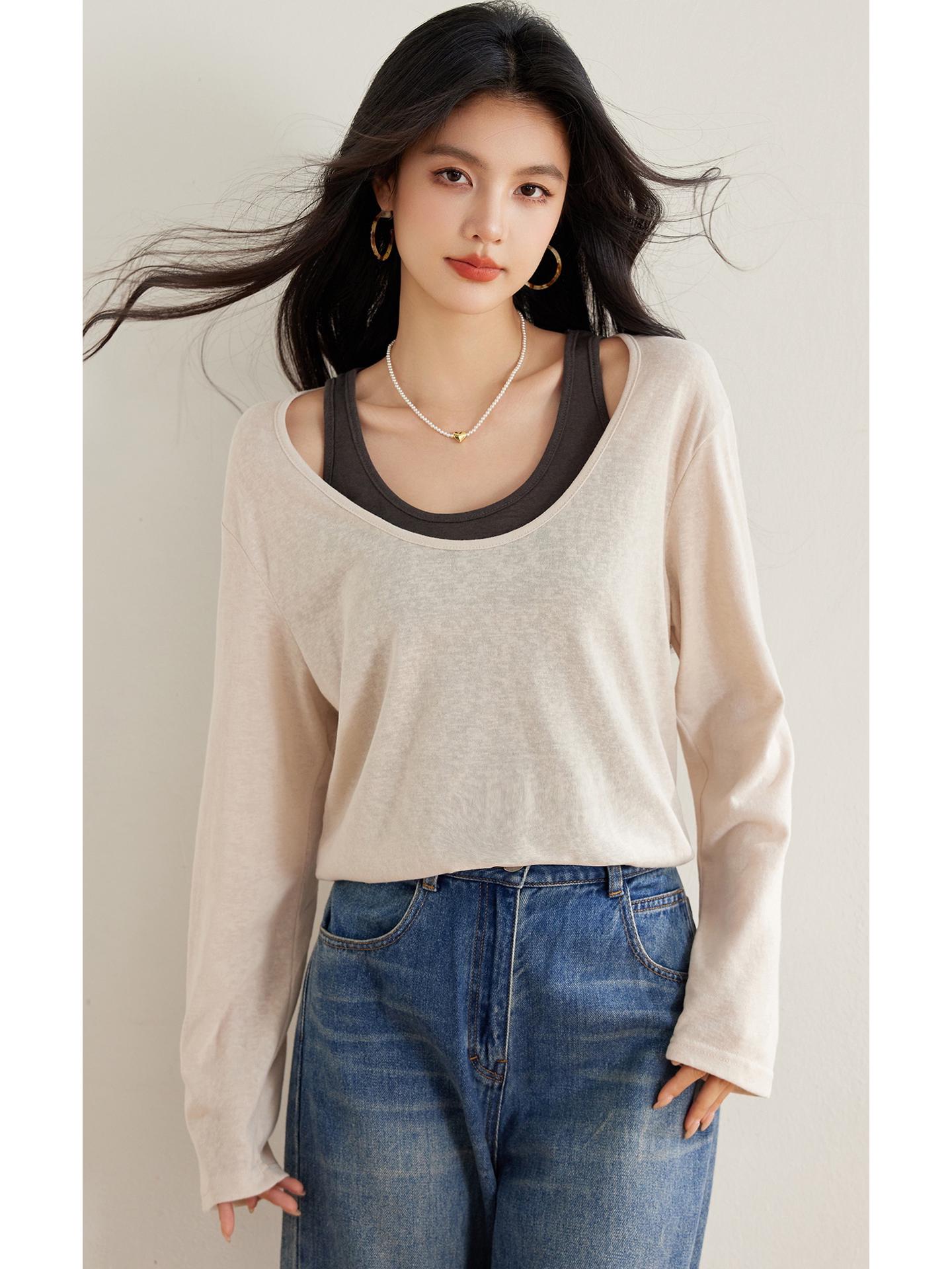 

Женский комплект хлопковых футболок с U-образным вырезом и длинным рукавом с принтом «Снежинка» XL