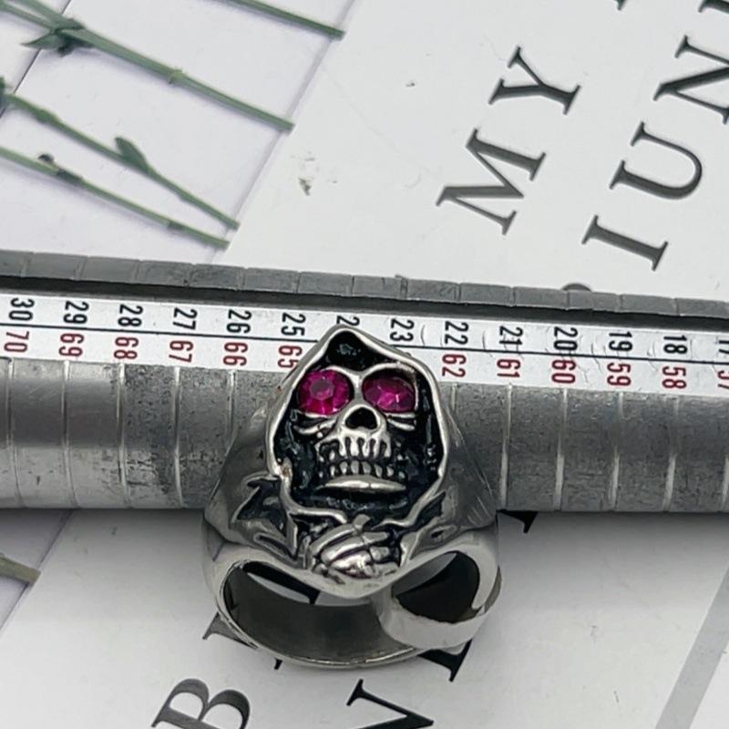 

Personality Muerte Our Lady of Holy Death Stainless Steel Skull Ring Red Zircon Eyes Grim Reaper Mexican Style Men s Zircon 11