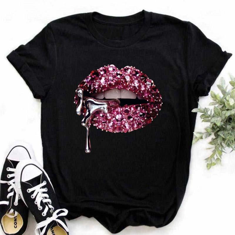Spring Summer Plus Color Lips Loose Casual Fashion Simple Round Neck Pure Cotton Short Sleeved Top T-Shirts Women’s