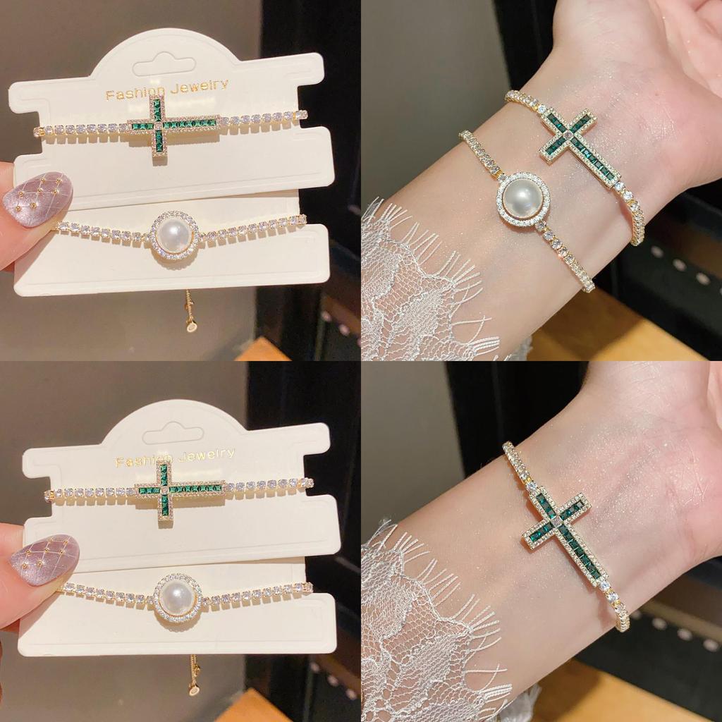 Elegant Zircon And Artificial Pearl Chunky Bracelet With Geometric Style For Ladies