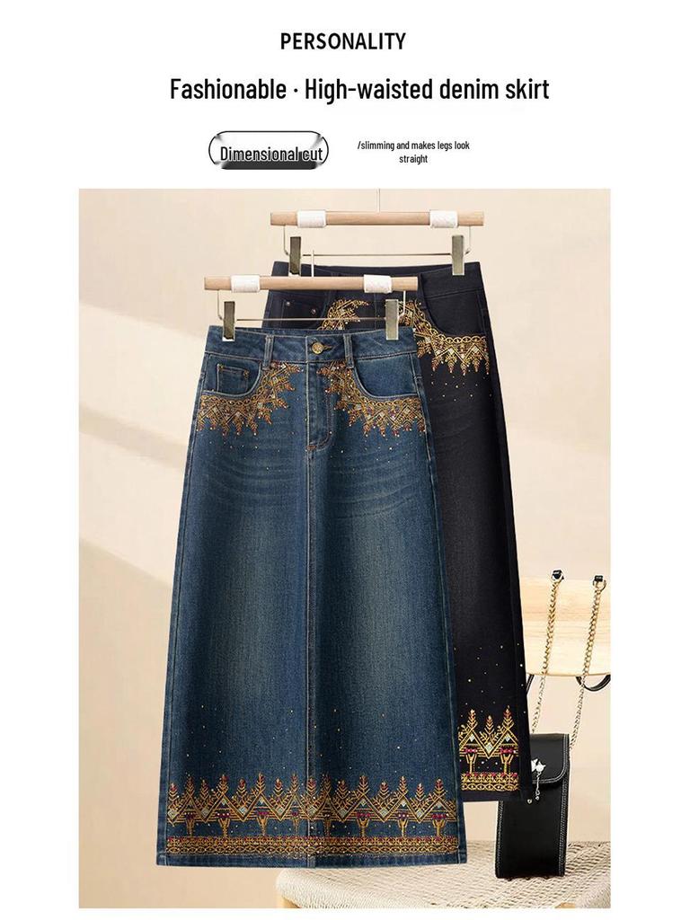 25 Spring/Autumn Women's High-Waist Denim Skirt with Colorful Embroidered Edge and Slit