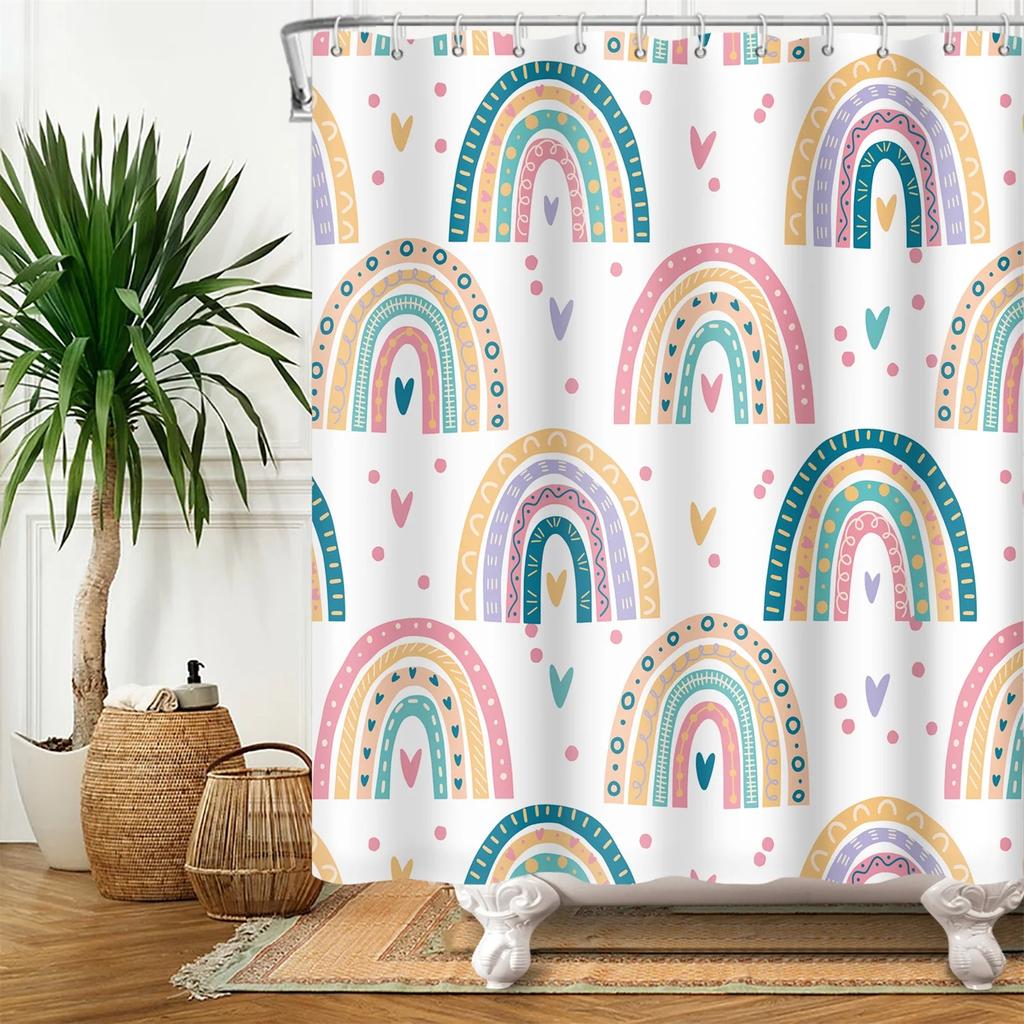 Cartoon-Duschvorhang für Badezimmer Kinder Regenbogen Wolke Sonne Sterne Blume Einhorn Niedliche Tiere Wasserdicht Badvorhang Heimdeko