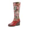 Johnature Vera pelle patchwork stampato fibbia per cintura tacco spesso comodi tacchi alti stivali lunghi scarpe da donna