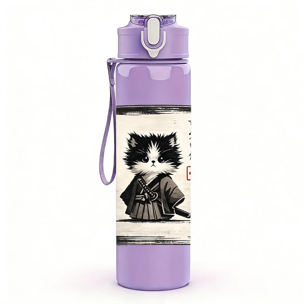 1PC Cat Sketch Black White Art Print 750ml Color Plastic Sports Water Bottle Leakproof Flip Straw Lid Suitable for Sports Office Home Use