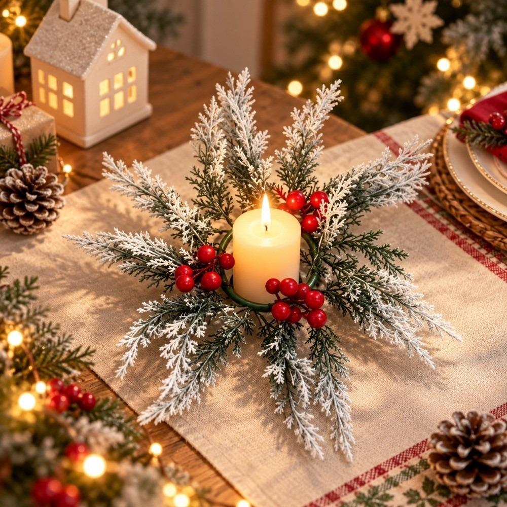 Red Berry Artificial Wreath Candle Rings DIY Xmas Pillar Candlestick Wreath Candle Holder Xmas
