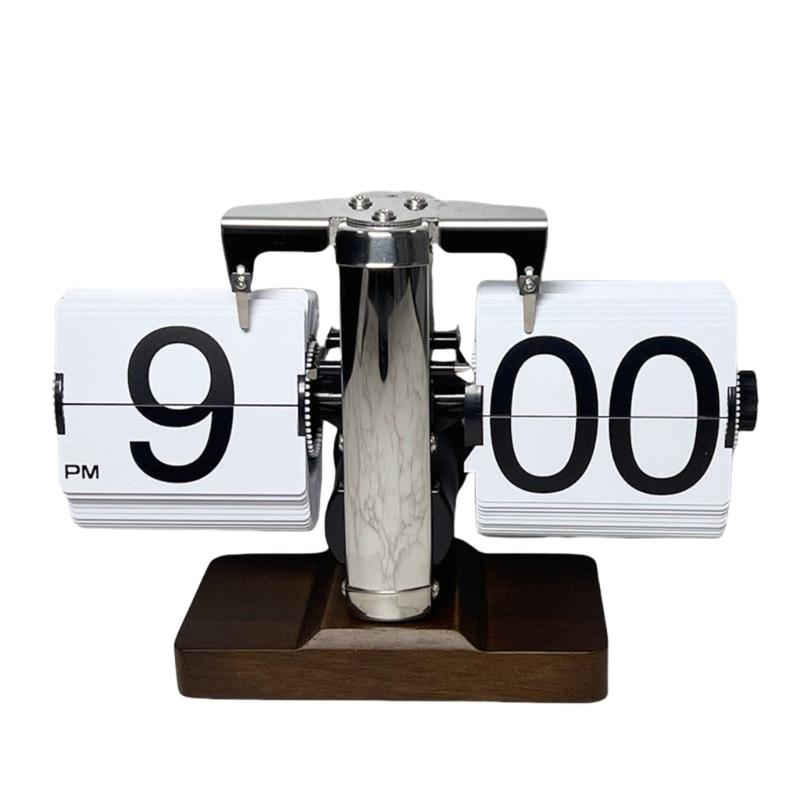 

Minimalists Vintage Digital Turn Page Clock with Wood Base for Home or Office Use Battery Operated Mechanical Clock