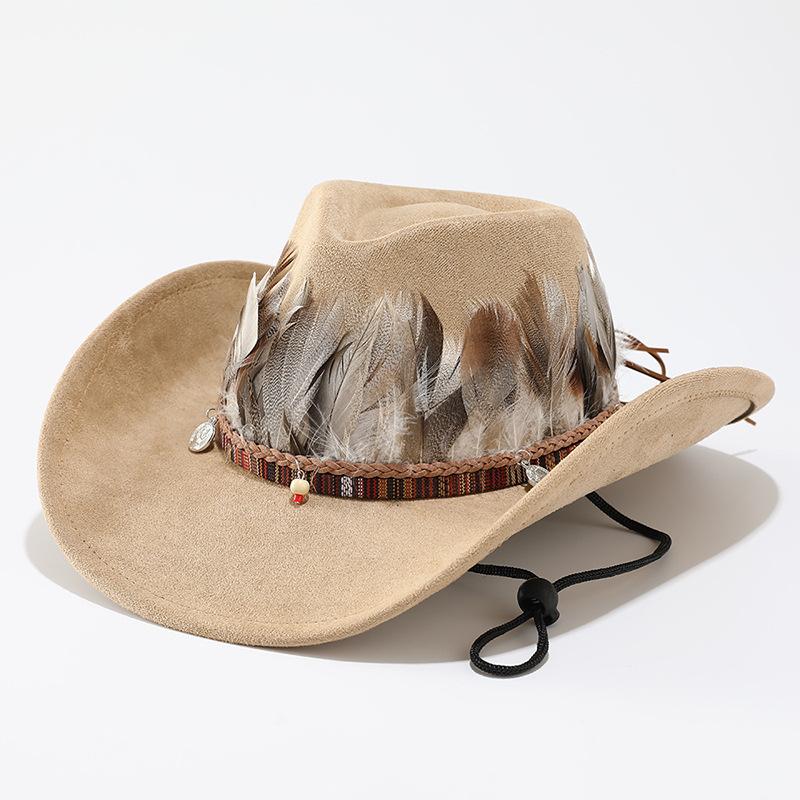 Big eaves western cowboy hat men's autumn and winter suede woolen top hat women's Tibetan feather jazz hat retro style