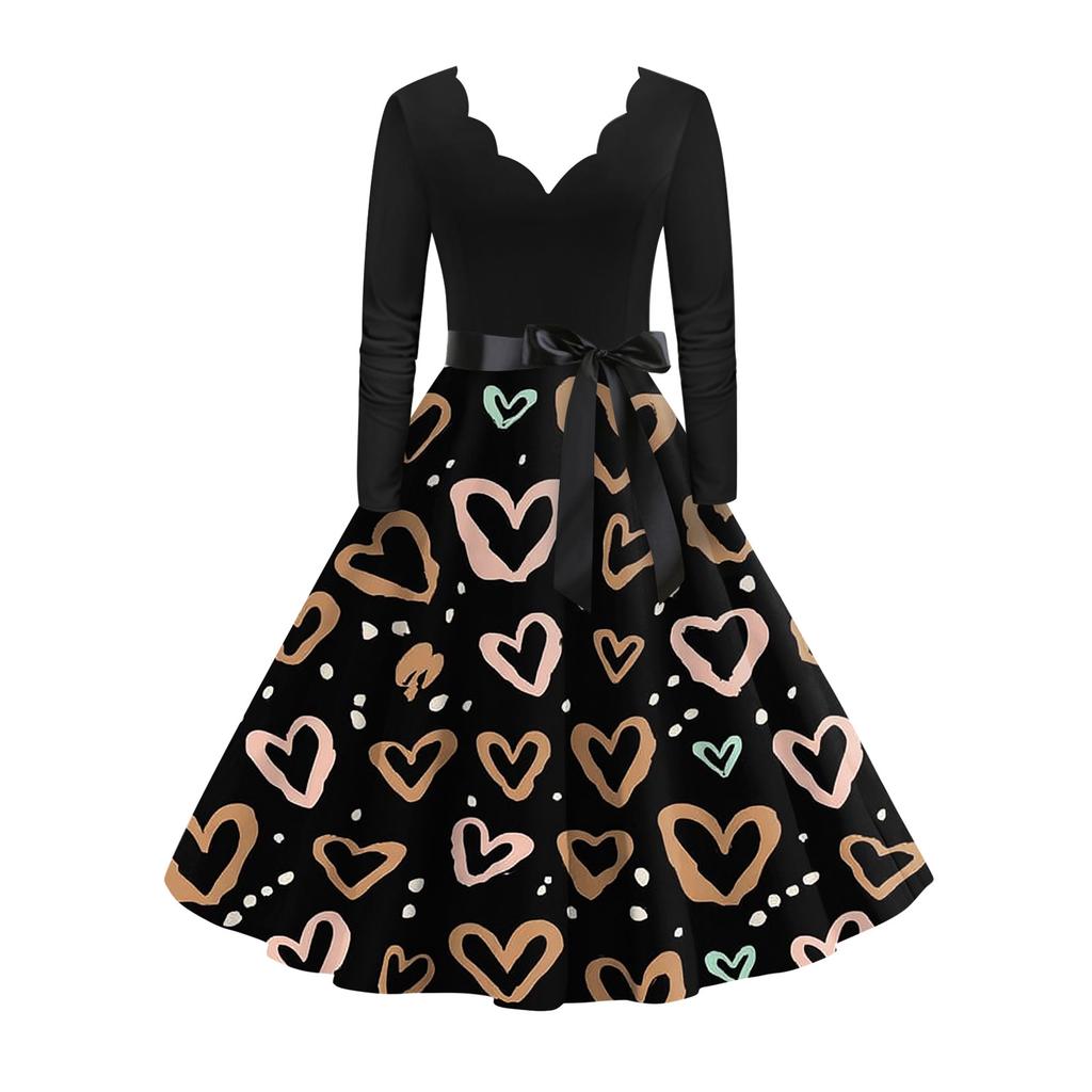 Damska stylowa i elegancka sukienka z długim rękawem, dekoltem w serek w kształcie serca na Walentynki