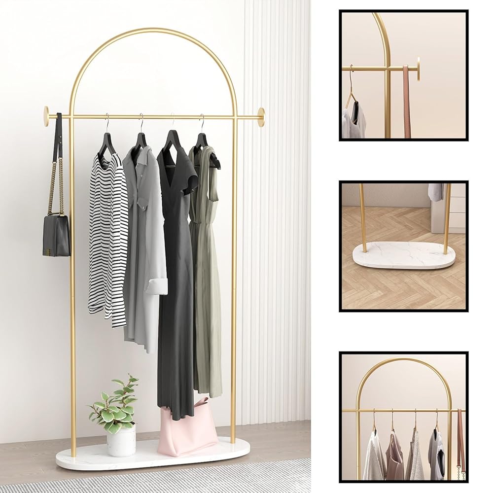 Gold Clothing Rack, Modern Clothes Ra With Shelf, Heavy Duty Freestanding Coat Rack, Metal Coat Hanger Stand With Hooks For
