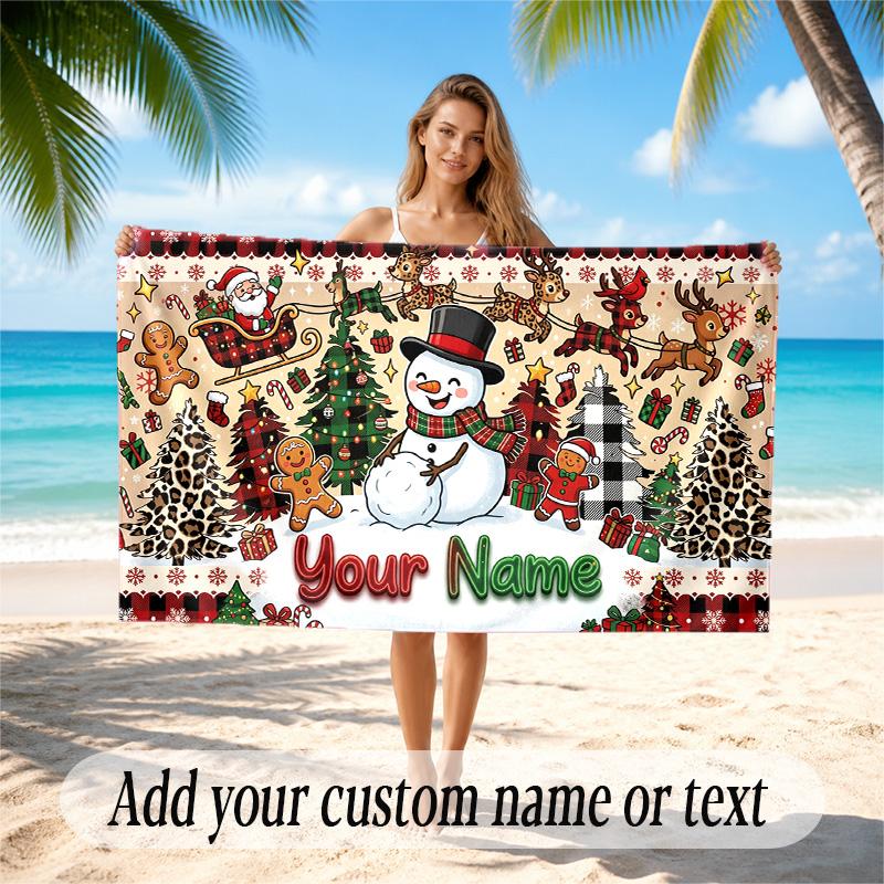 Christmas Theme Quick Dry Beach Towel Custom Name Text Print Large Sand Resistant Towel Beach Vacation