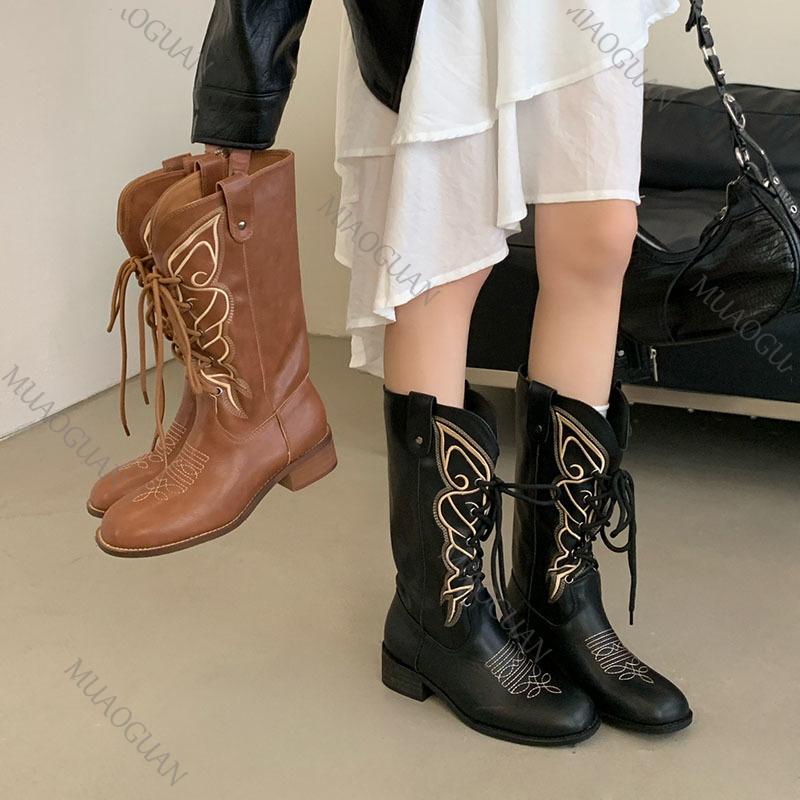 Fashion 2025 Autumn Winter New Lace-up Round Head Mid-calf Boots for Women Embroidered Boot Female Female Chunky Heeled Botas Femininas