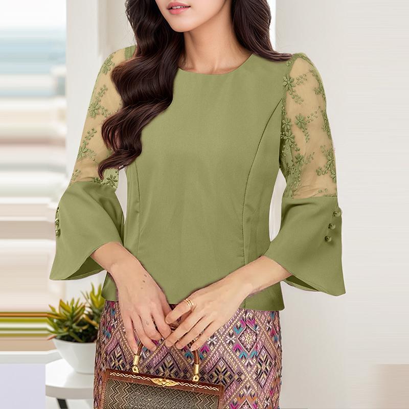 

ZANZEA Женская повседневная блузка с кружевной отделкой, рукавами 3/4 и свободного кроя 3XL армия зеленый