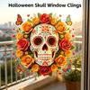 Indoor Outdoor Festive Window Art Day of The Dead Skull Flower Static Sticker, Colorful Mexican Floral Glass Decorative Stickers for Home Halloween