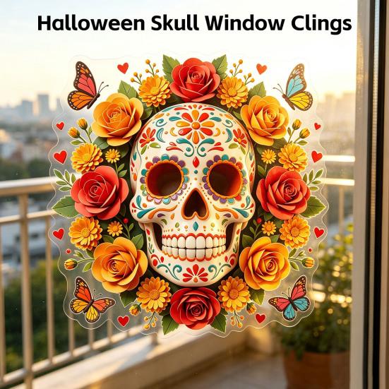 Indoor Outdoor Festive Window Art Day of The Dead Skull Flower Static Sticker, Colorful Mexican Floral Glass Decorative Stickers for Home Halloween