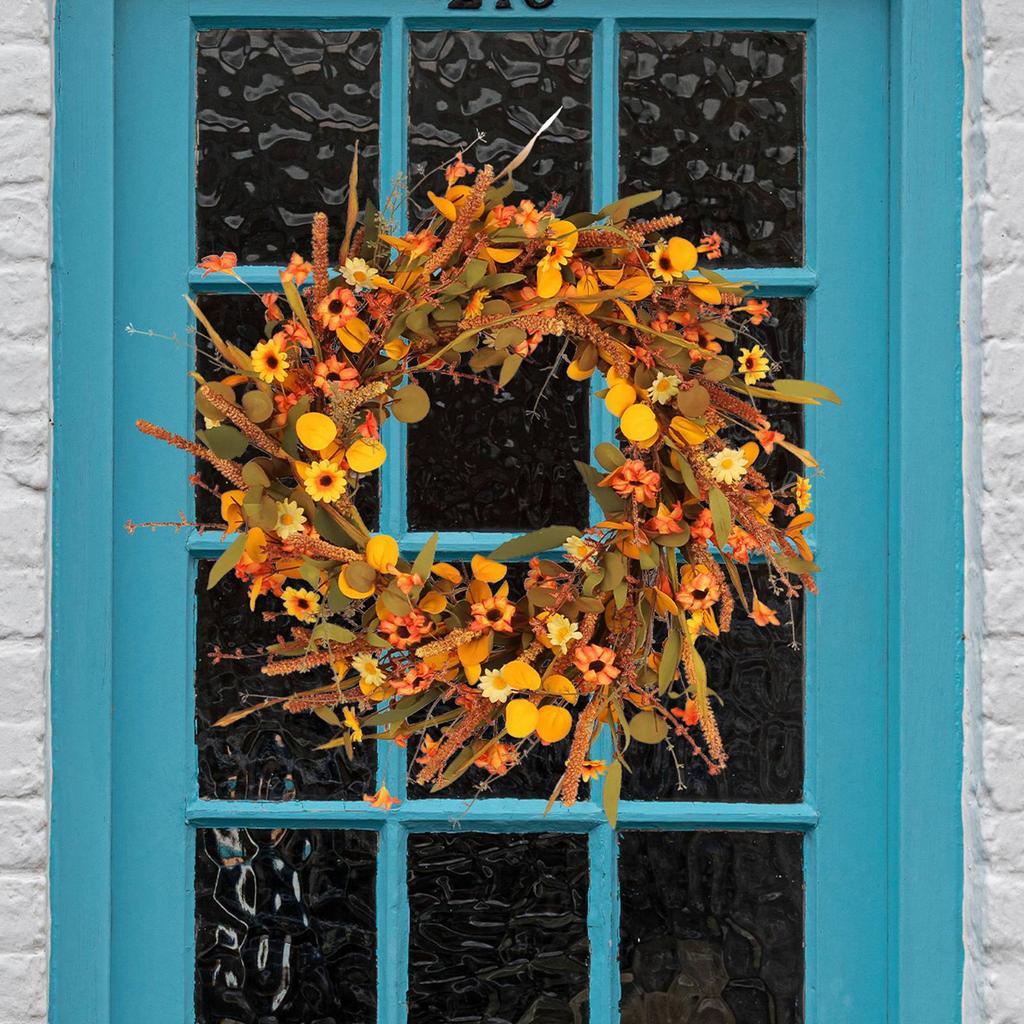 Fall Wreath for Front Door Artificial Farmhouse Autumn   Wreath with Wildflower for Indoor Outdoor Holiday Decor