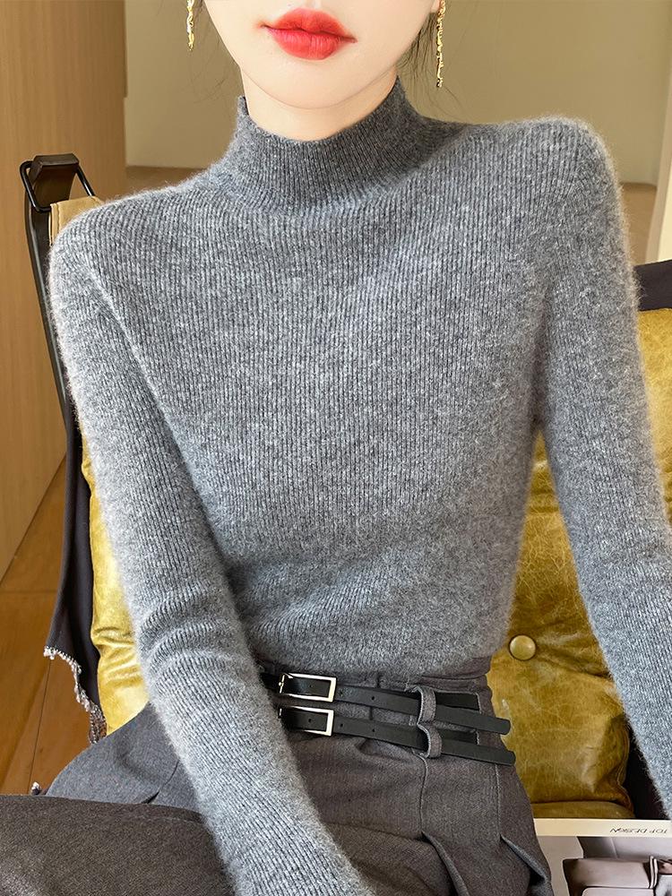 Women's Seamless Slimming Knit Top - Half-High Neck, Long Sleeve, Elegant Autumn/Winter Wool Innerwear