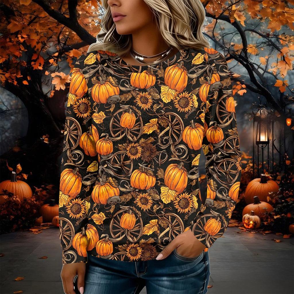 Women's Flannel Long Sleeve T-Shirt with Halloween Print Neck Casual Top