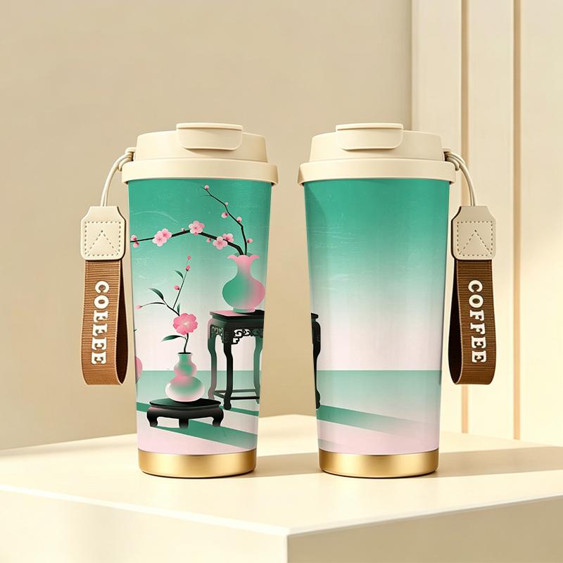 532ml Coffee Mug Vase Plum Shelf Motif Strap Coffee Cup Unisex Commuter Coffee Mug Premium Gift Water Cup Leakproof Flip Car Cup