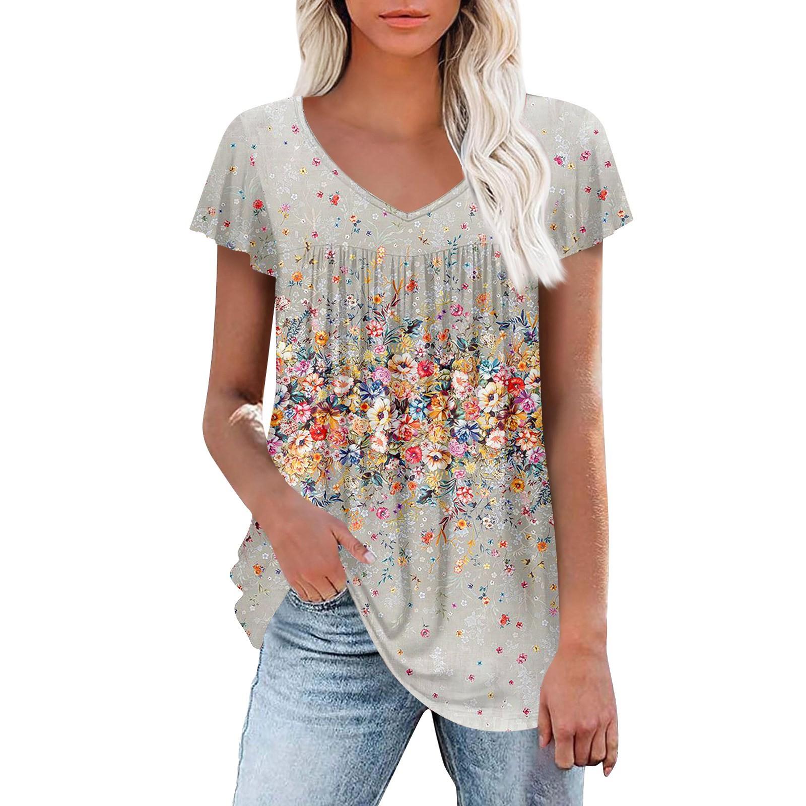 

Женские туники, элегантные повседневные летние рубашки с коротким рукавом, цветочные свободные плиссированные топы в стиле бохо M хаки