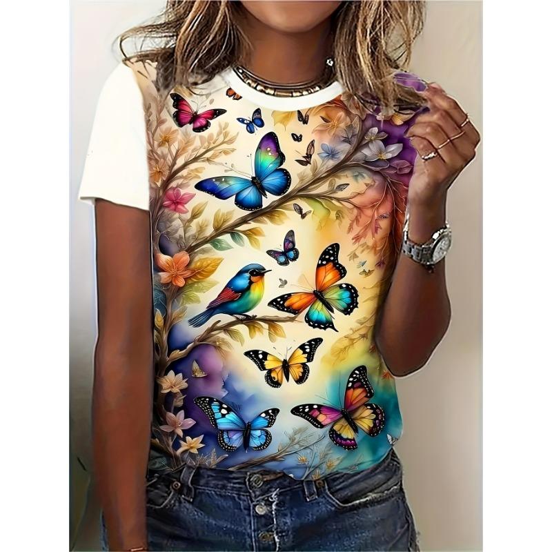 Blue Fantasy Women's Tee - Glowing Butterfly Graphic, Vibrant Iridescent Print Design for Casual Daily Wear