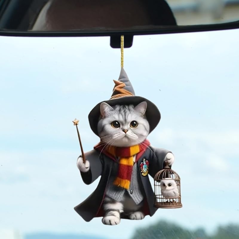 Magic Cat Car Rearview Mirror Accessories, 2D Flat Acrylic Pendant Car Rear View Mirror Charm, Christmas Tree Hanging Ornament, Car Interior