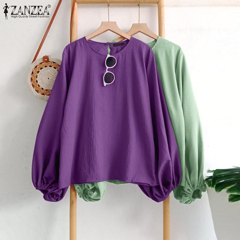 

ZANZEA Женская свободная блузка чистого цвета с круглым вырезом и длинными рукавами