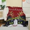 Merry Christmas Cat with Reindeer Antlers Pattern Fleece Blanket, Festive Winter Holiday Throw Blanket, Soft Cozy for Couch Bed