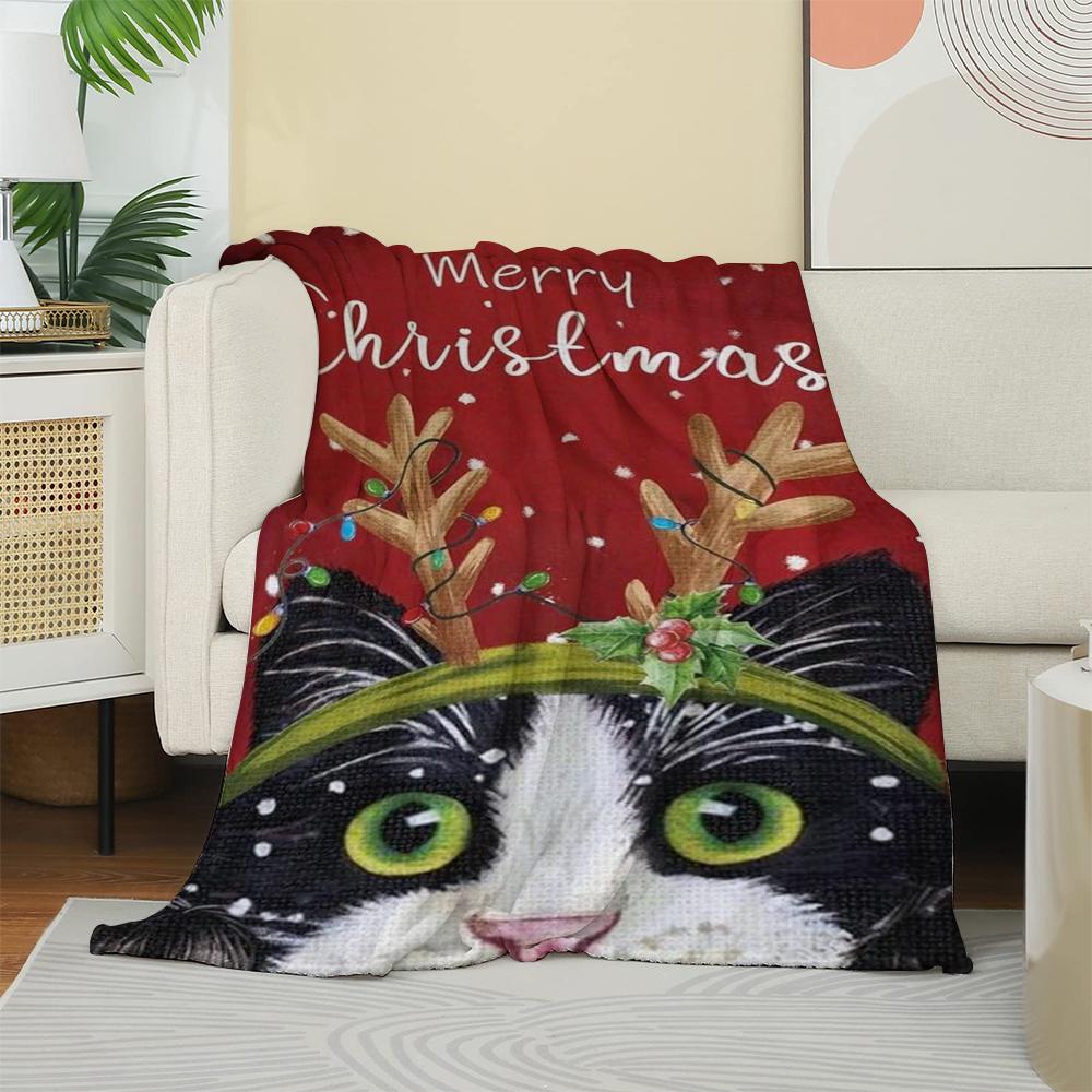 Merry Christmas Cat with Reindeer Antlers Pattern Fleece Blanket, Festive Winter Holiday Throw Blanket, Soft Cozy for Couch Bed