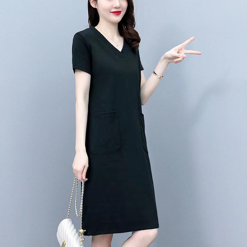 

2023 Однотонное платье миди с V-образным вырезом, короткими рукавами и карманами Extra Large чёрный