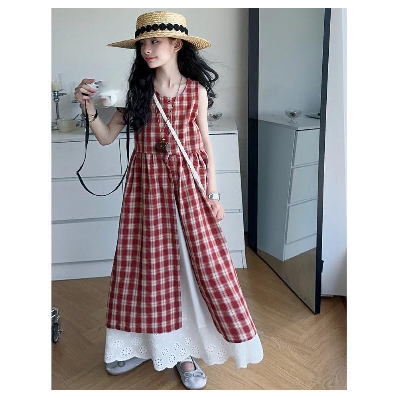 Summer Girls Retro Red Plaid Vest Dress Sets Thin French Style Strappy Sundress Casual Vacation Outfit Teen Kids Clothes
