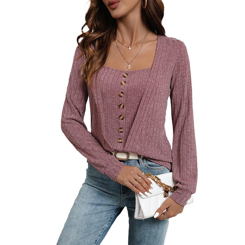 Autumn Women's Square Neck French Long Sleeve Knitwear Brushed Pit Stripe Pullover