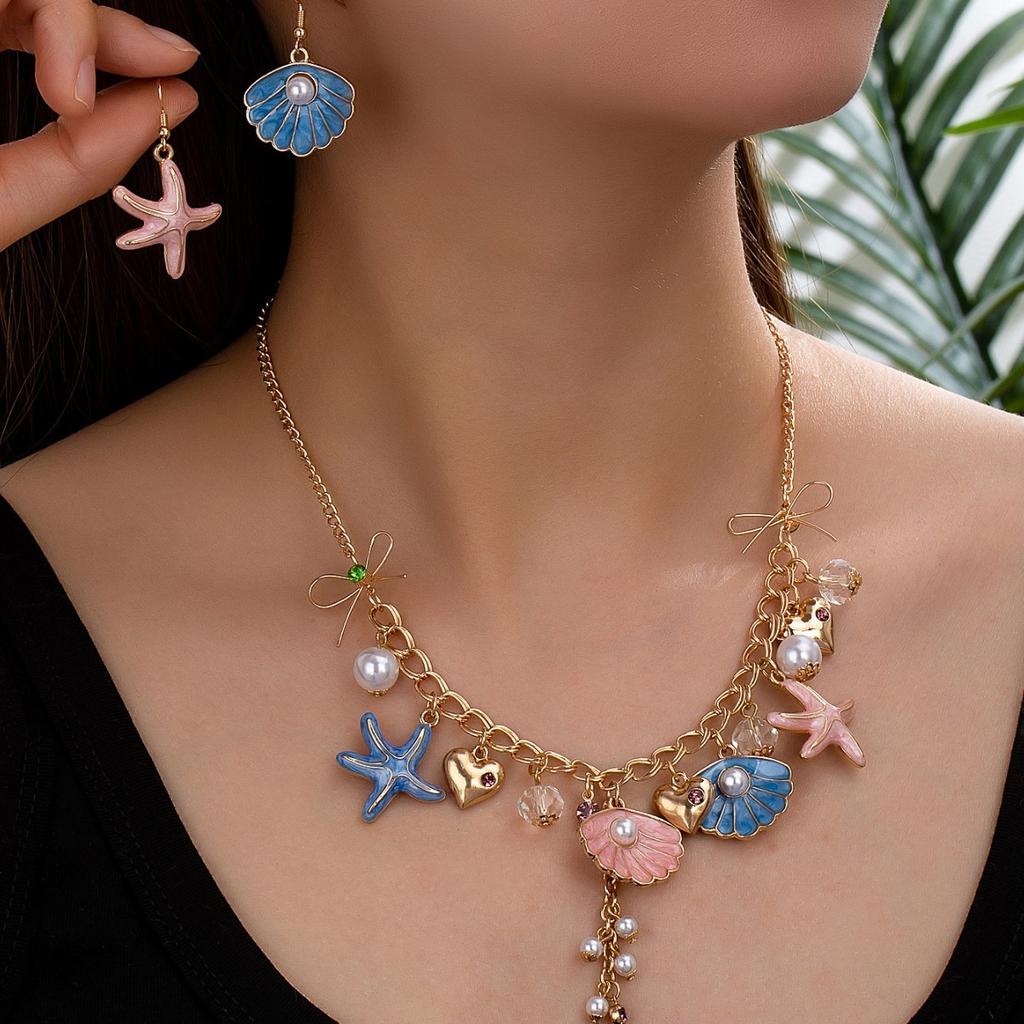 Shell starfish shape necklace stud earrings are fresh, sweet and cute, exquisite trend jewelry set