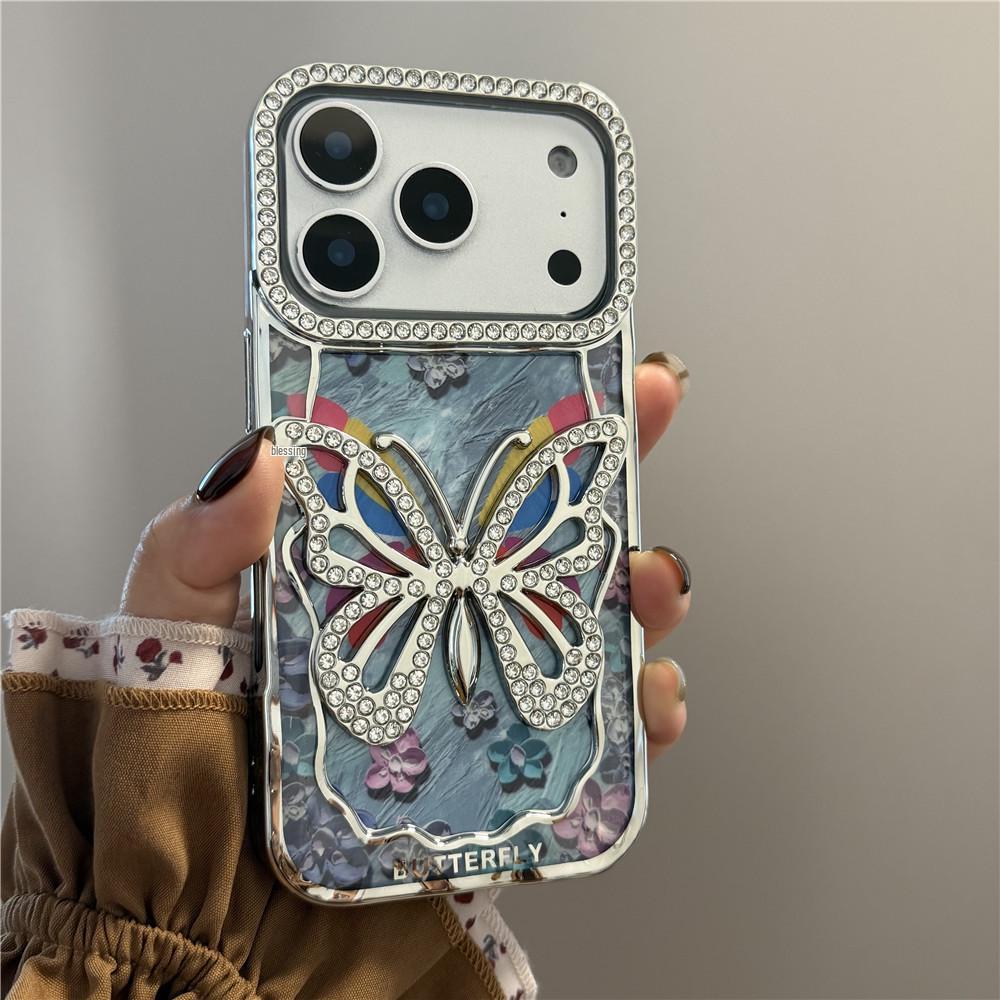 iPhone 17 Pro Max Case: Hollow-Out Rhinestone Butterfly Electroplated Protective Cover for 16/15/13 Pro Models
