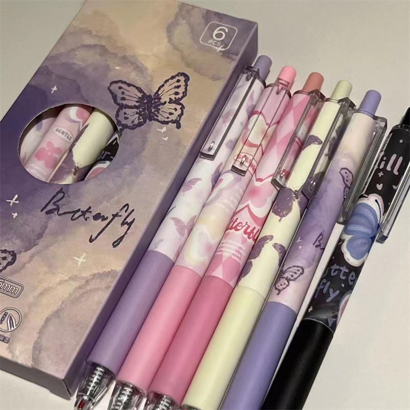 6Pcs Cute Butterfly Gel Pens Aesthetic Stationary Pens Kawaii Pen Stationery0.5 Mm Quick-drying Black Ink Pens Fine Point
