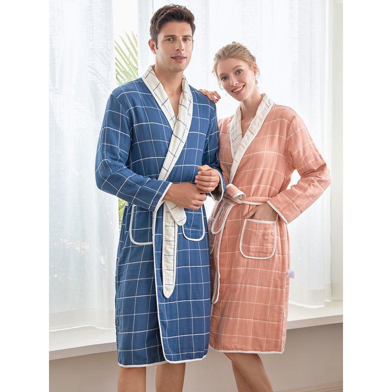 Cotton Absorbent Bathrobe Pajamas Men's and Women's Couple Nightgown Soft Plaid Men's Pure Cotton Pajamas Homewear Women's