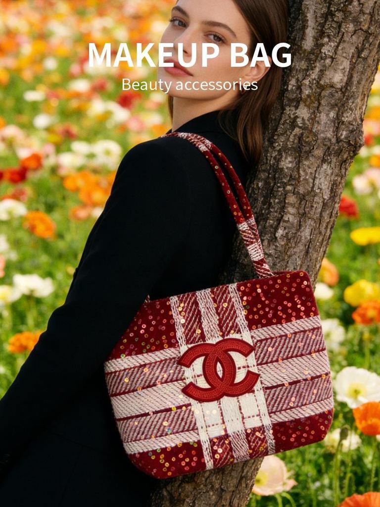Red Plaid Sequin CC Logo Tote Bag, Daily Handheld Cosmetic Bag, Luxury Brand Beauty Accessory