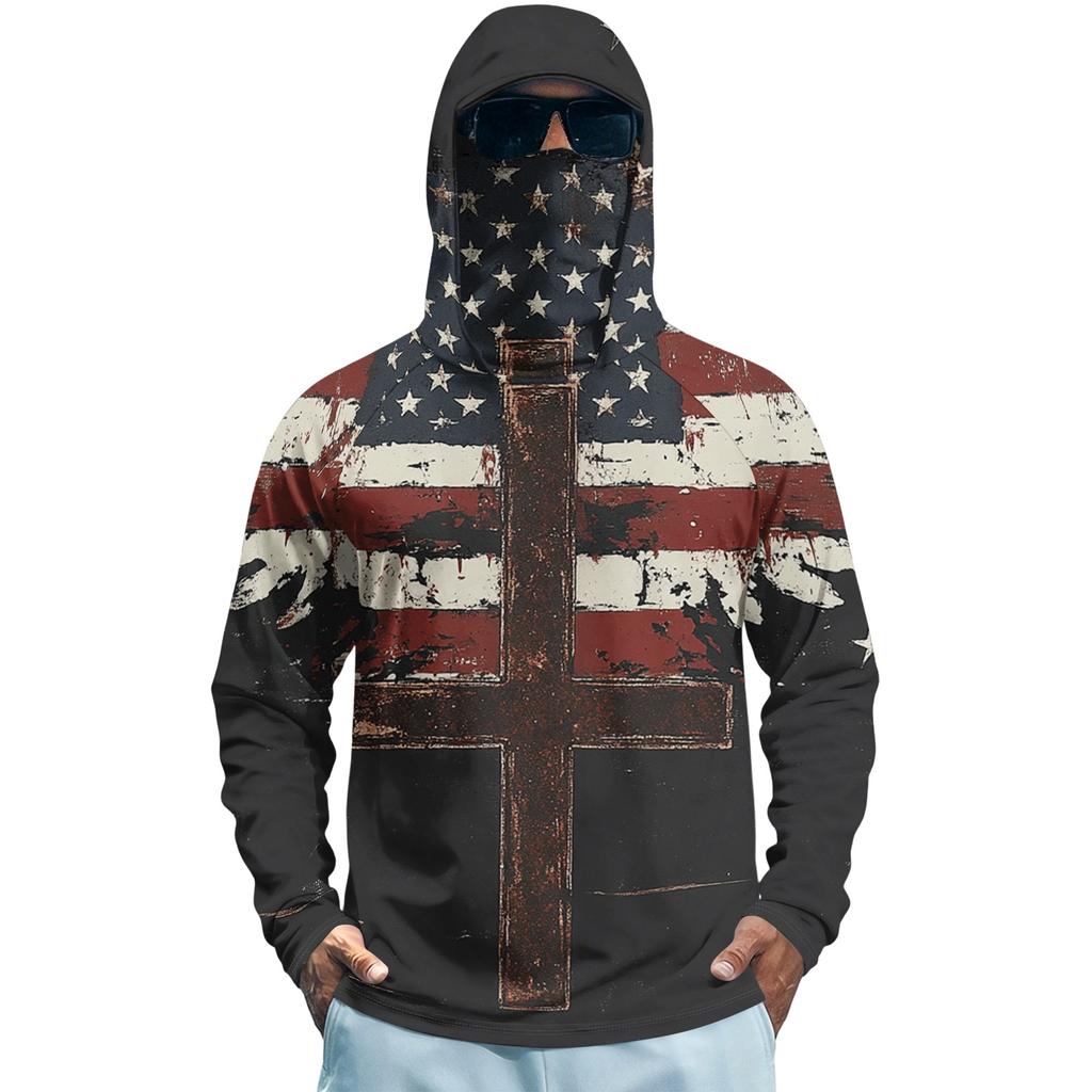 Men’s Long Sleeve Hooded Sun Protection Shirt with Flag and Cross Print Quick Dry Lightweight Athletic Top for Outdoor Sports Fishing Fitness