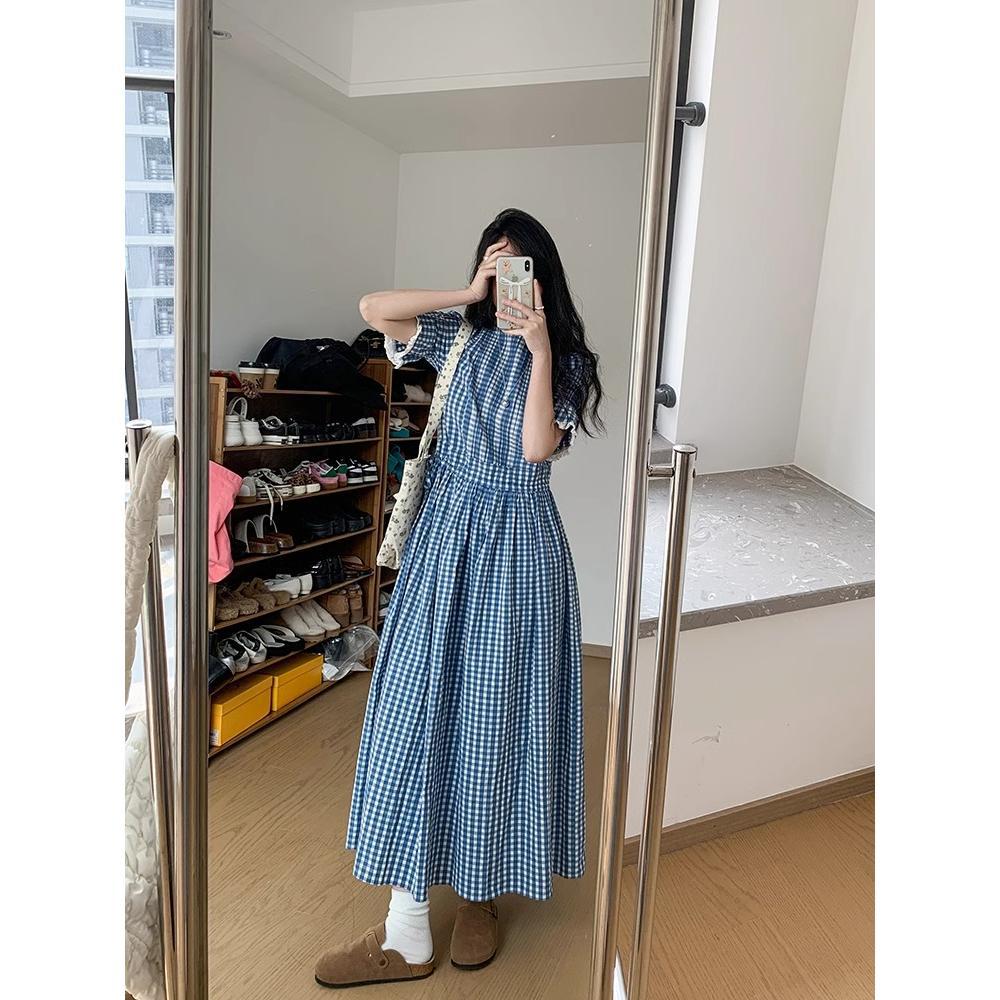 Korean Version Waist Blue Medium and Long Short-sleeved Dress Women's Vacation Retro Temperament Plaid a Character Temperament Long Skirt