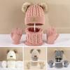 3Pcs/Set Kids Winter Hat Scarf Gloves Set Two Plush Ball Decor Twist Texture Brimless Hat Knitting Gloves Fleece Lining Neck Gaiter Set