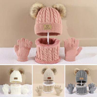 3Pcs/Set Kids Winter Hat Scarf Gloves Set Two Plush Ball Decor Twist Texture Brimless Hat Knitting Gloves Fleece Lining Neck Gaiter Set