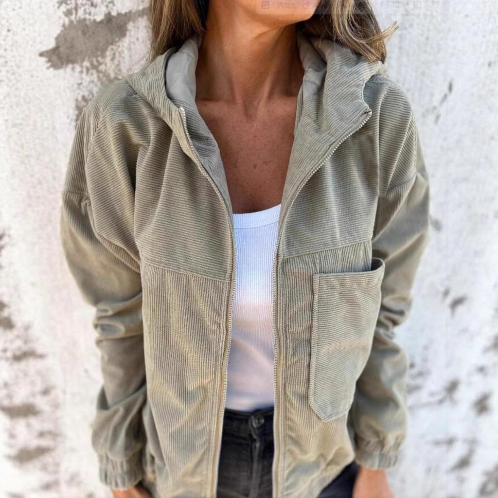 Women's Solid Corduroy Hooded Jacket Autumn New Casual Simple Style Coat For Women