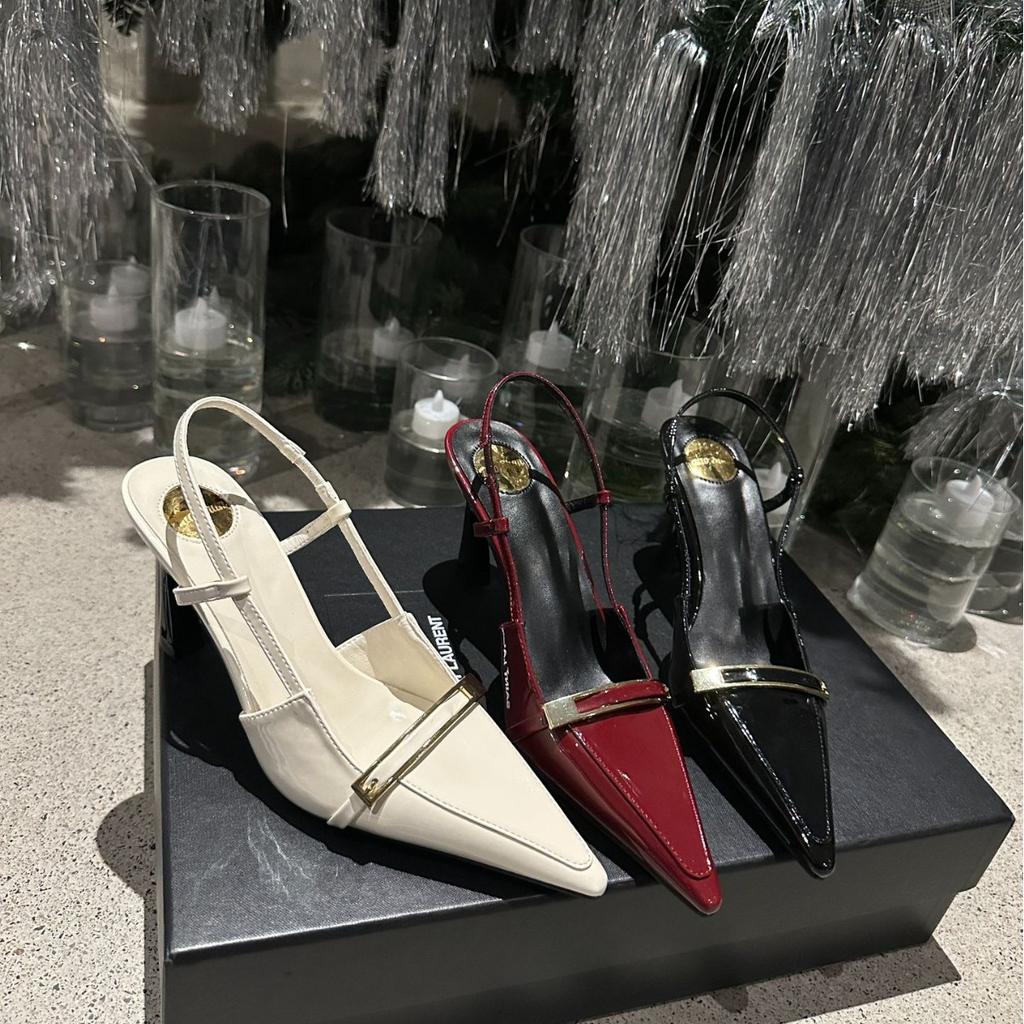 2025 spring and autumn new fashion versatile patent leather thin heel bag head sandals retro style word with pointed head after empty